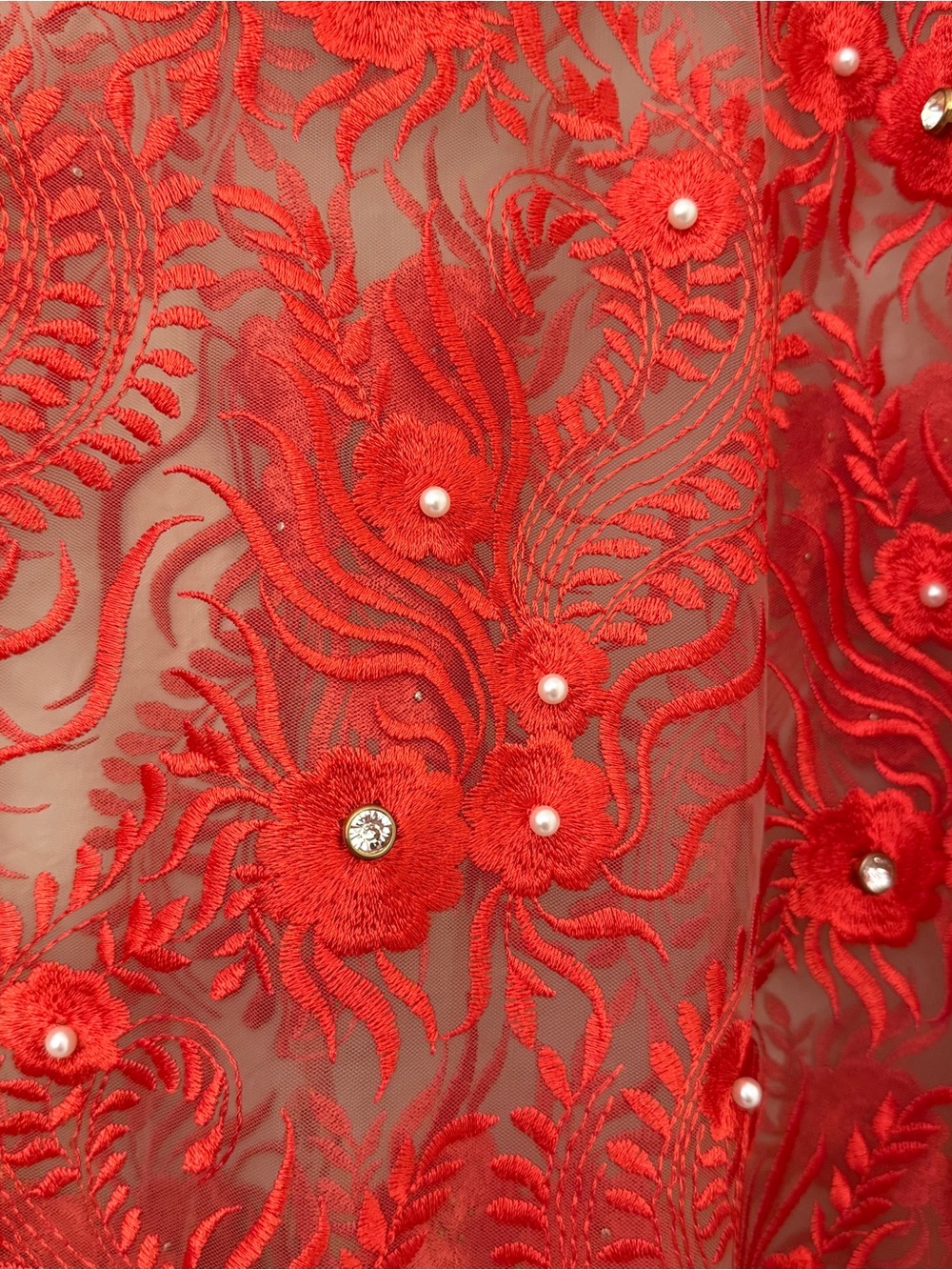 Vintage 1970s Semi-sheer Red Embroidered Lace Kaftan Top with Floral Appliqué - Picture 3 of 6